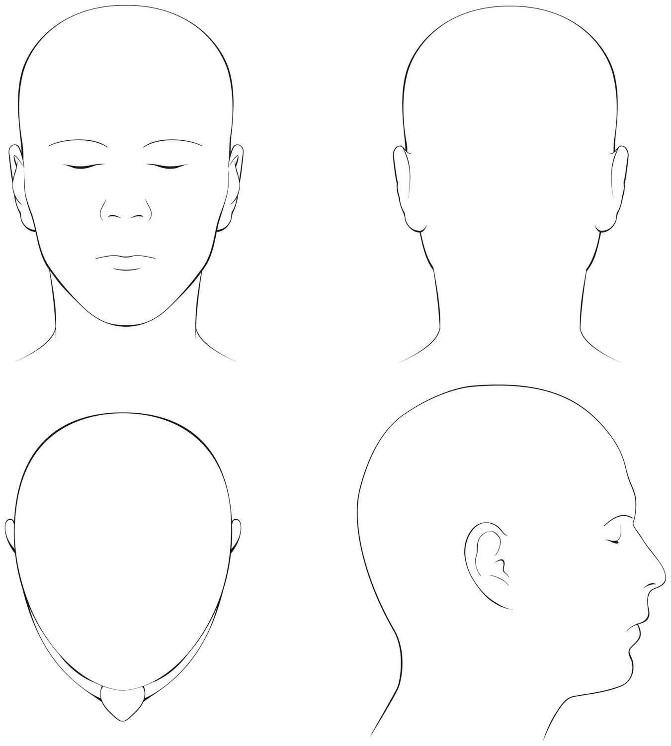 Four blank head outlines in front, back, top and profile view, used to mark where headache pain is felt